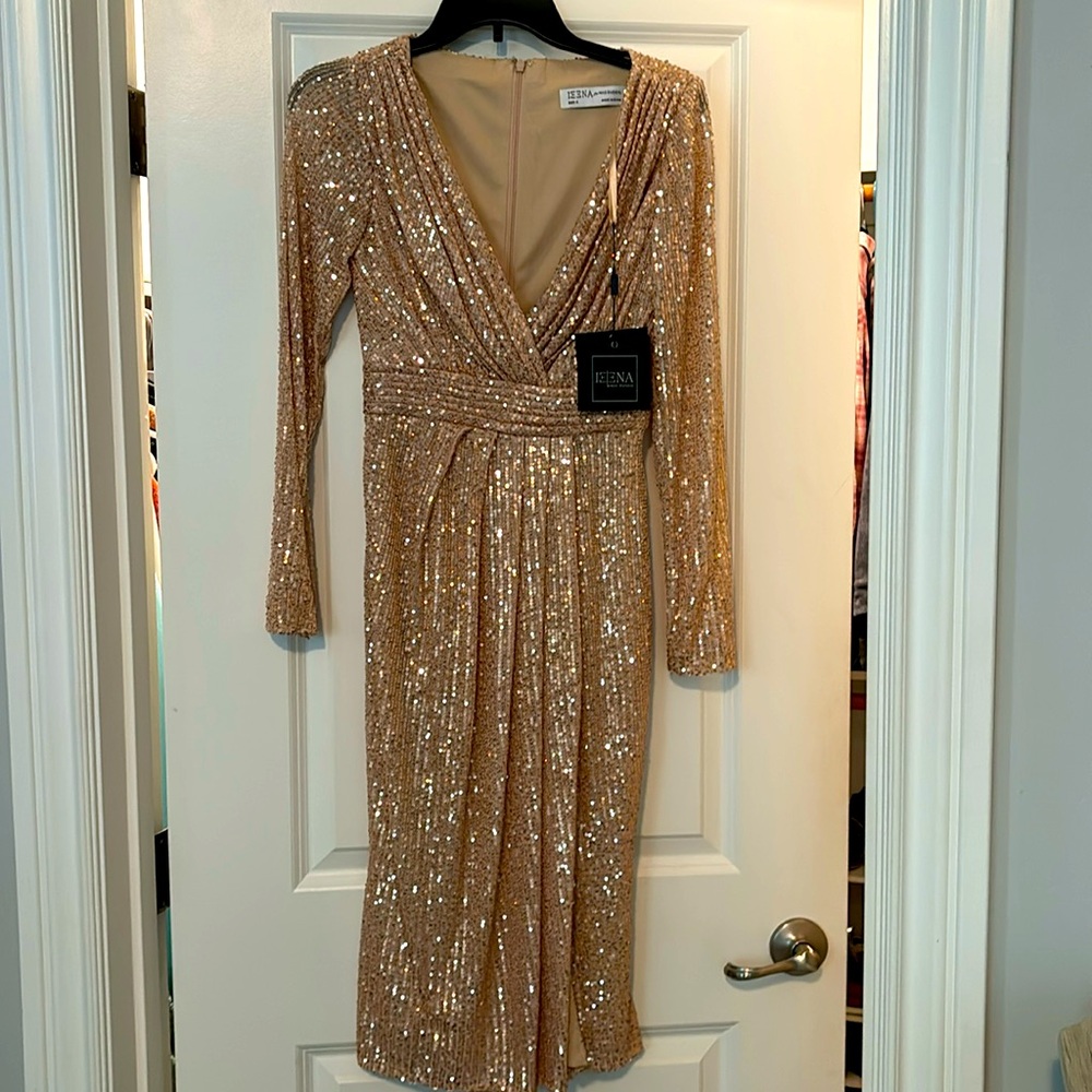 Mac Duggal sequined midi dress in rose gold - Like New!